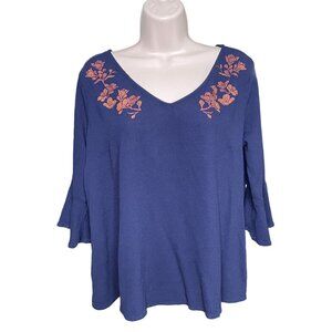 Womens Blouse Loralette Plus Size 1X  Blue Floral Embellishments Bell Sleeve u